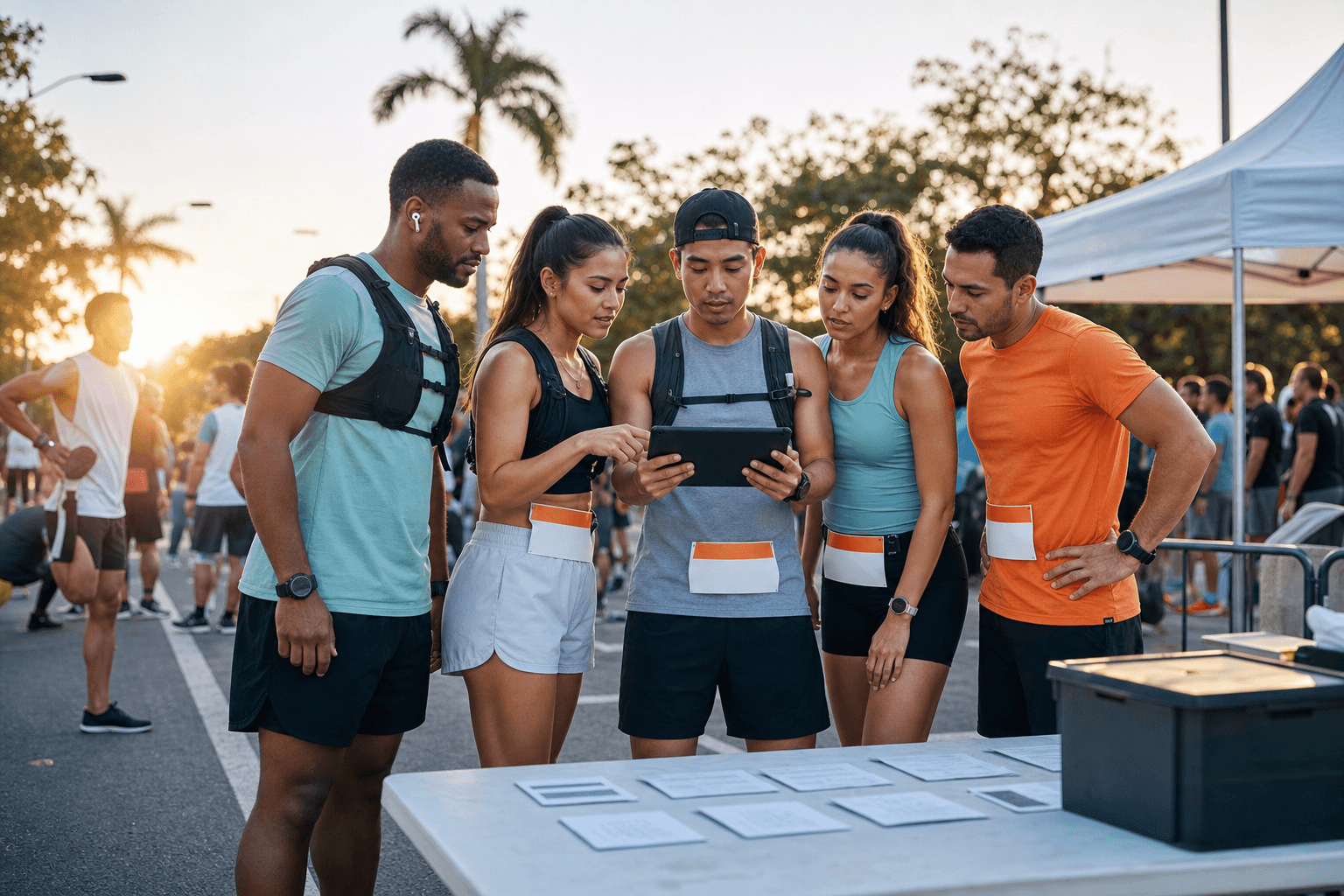 Runners reviewing matched heat assignments before a race